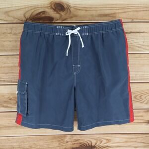 True Nation‎ Swim Trunks w/ Liner Mens XL Blue Red Stripes Pockets Stretch Waist